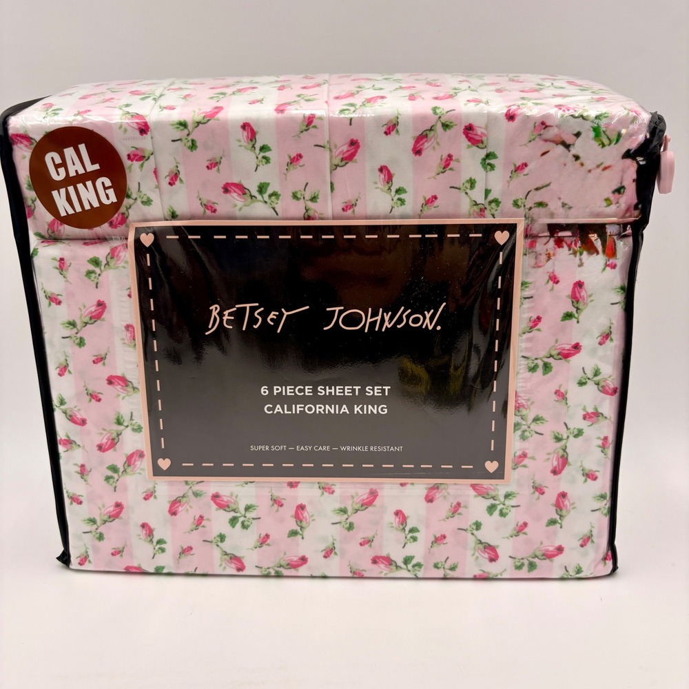 Betsey Johnson California King 6 Piece Sheet Set Pink Rose Stripe Floral NEW
